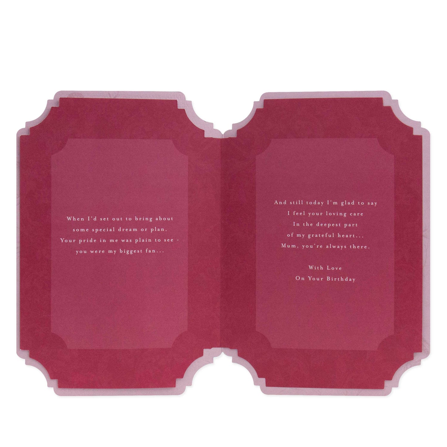 Hallmark Mum Birthday Card - Love you Mum inner view, featuring heartfelt message on textured pink cardstock.