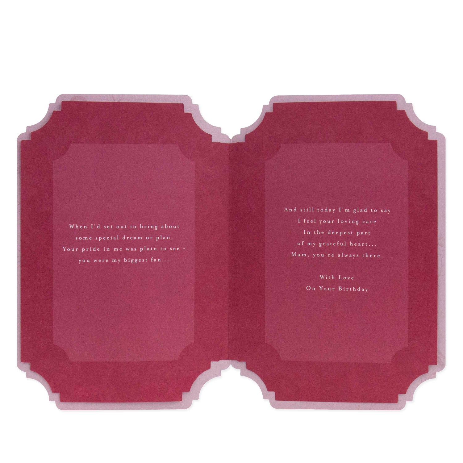 Hallmark Mum Birthday Card - Love you Mum inner view, featuring heartfelt message on textured pink cardstock.