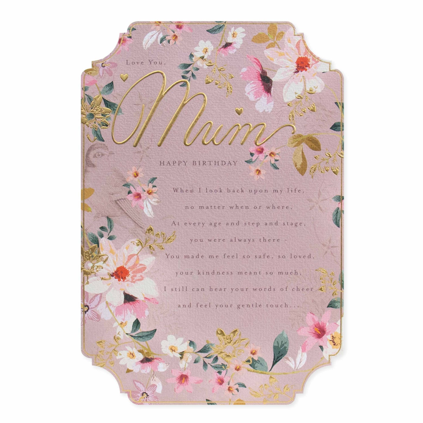 Hallmark Mum Birthday Card - Love you Mum, floral design with gold foil on textured stock, flat lay view