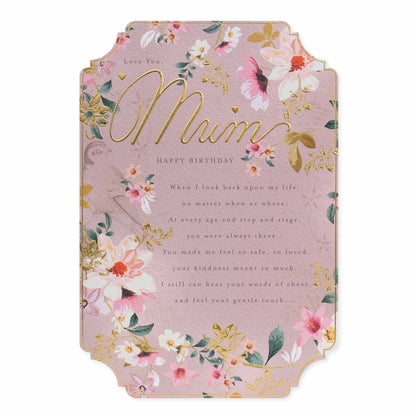 Hallmark Mum Birthday Card - Love you Mum, floral design with gold foil on textured stock, flat lay view