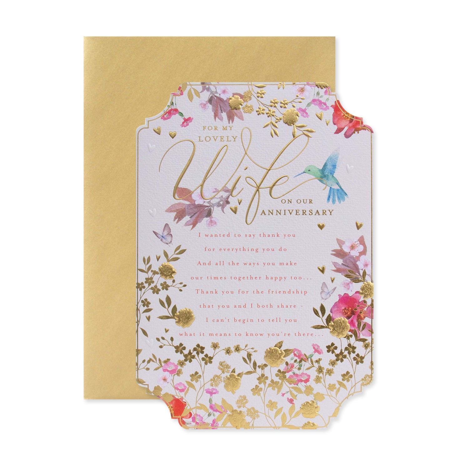 Hallmark Wife Anniversary Card - For my lovely Wife on our Anniversary featuring floral patterns, gold foil details and a textured background.