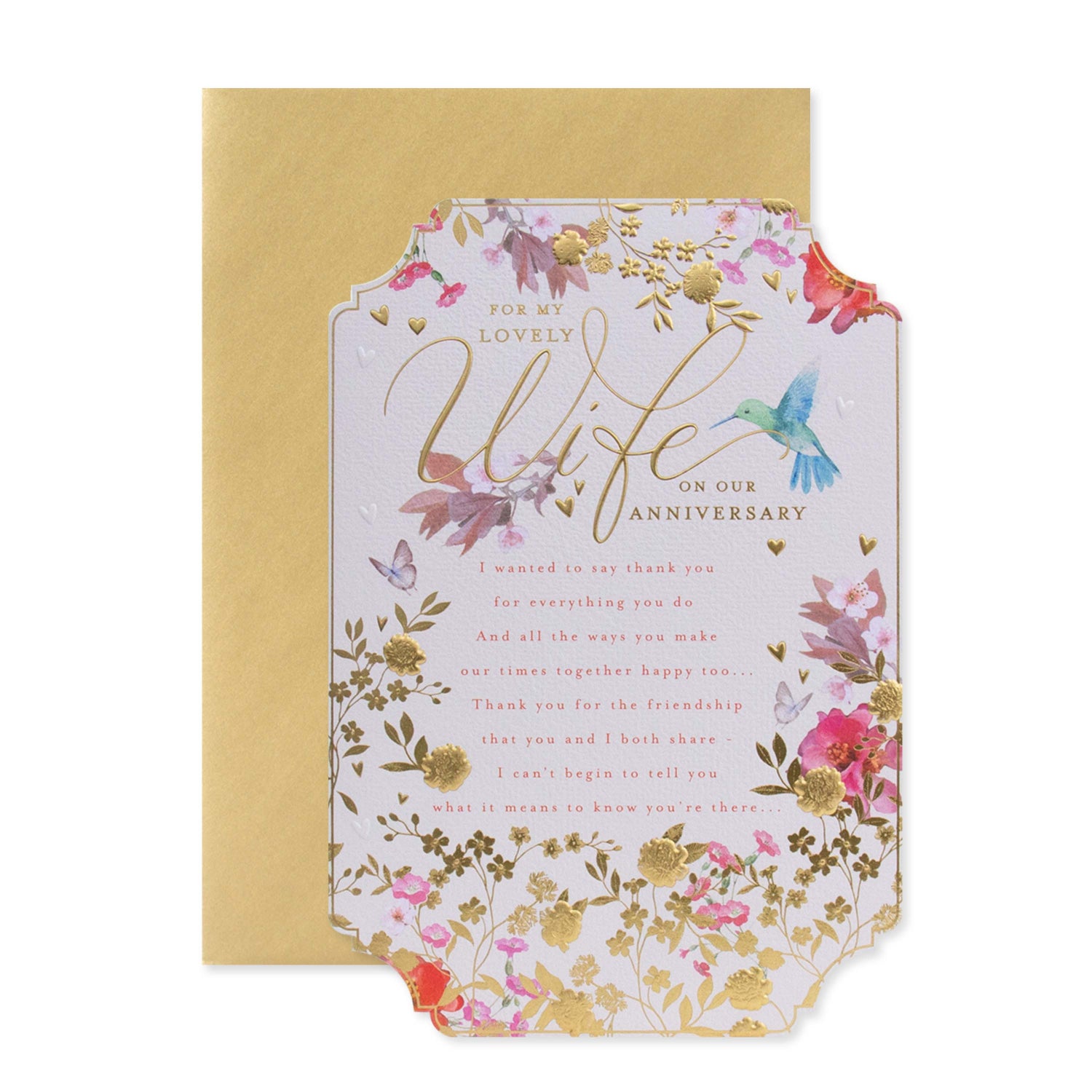 Hallmark Wife Anniversary Card - For my lovely Wife on our Anniversary featuring floral patterns, gold foil details and a textured background.