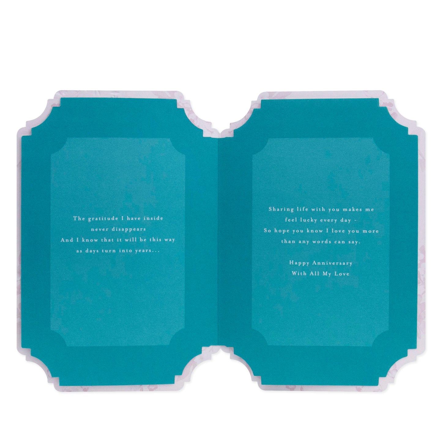 Hallmark Wife Anniversary Card - For my lovely Wife on our Anniversary, open view showing turquoise interior with heartfelt messages.
