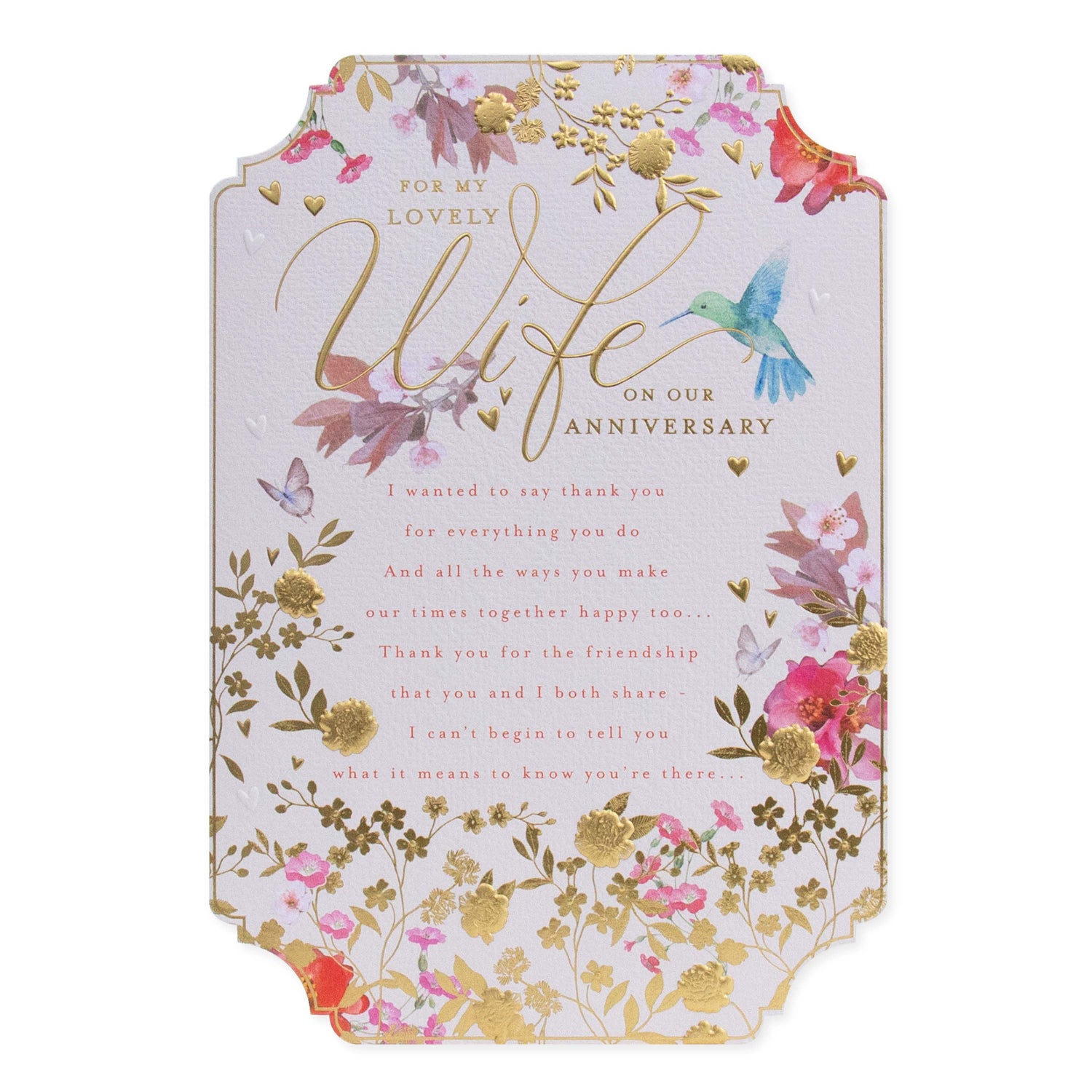 Hallmark Wife Anniversary Card - For my lovely Wife on our Anniversary with gold foil detailing and floral design, featuring a hummingbird.