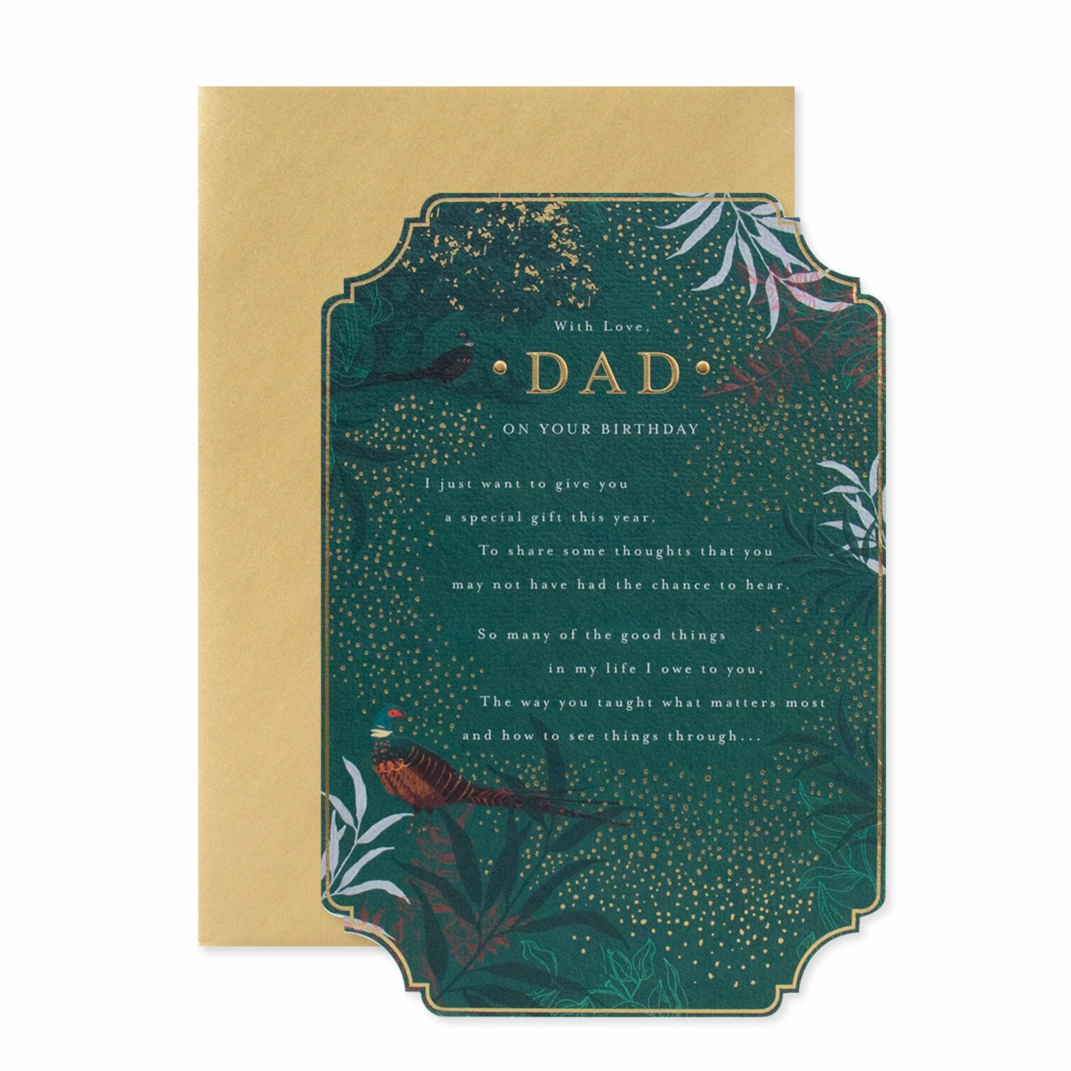 Celebrate your Dad with this stunning card from Hallmark, featuring gold foil details and a textured green design with birds.