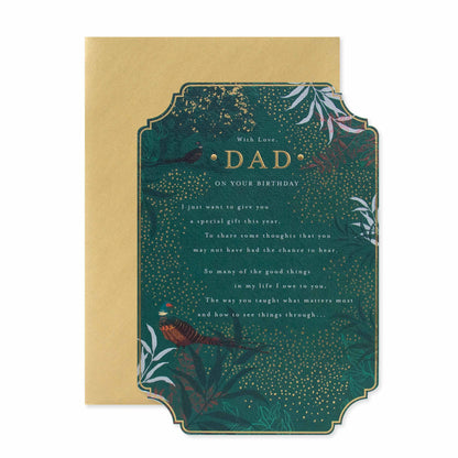 Celebrate your Dad with this stunning card from Hallmark, featuring gold foil details and a textured green design with birds.