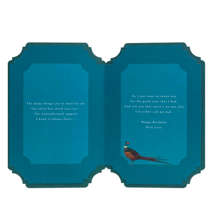Celebrate your Dad with this stunning card from Hallmark, featuring a blue interior with birthday messages and a bird illustration.