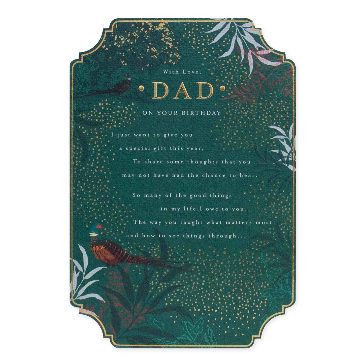 Celebrate your Dad with this stunning card from Hallmark featuring gold foil accents, textured stock, and vibrant foliage design.
