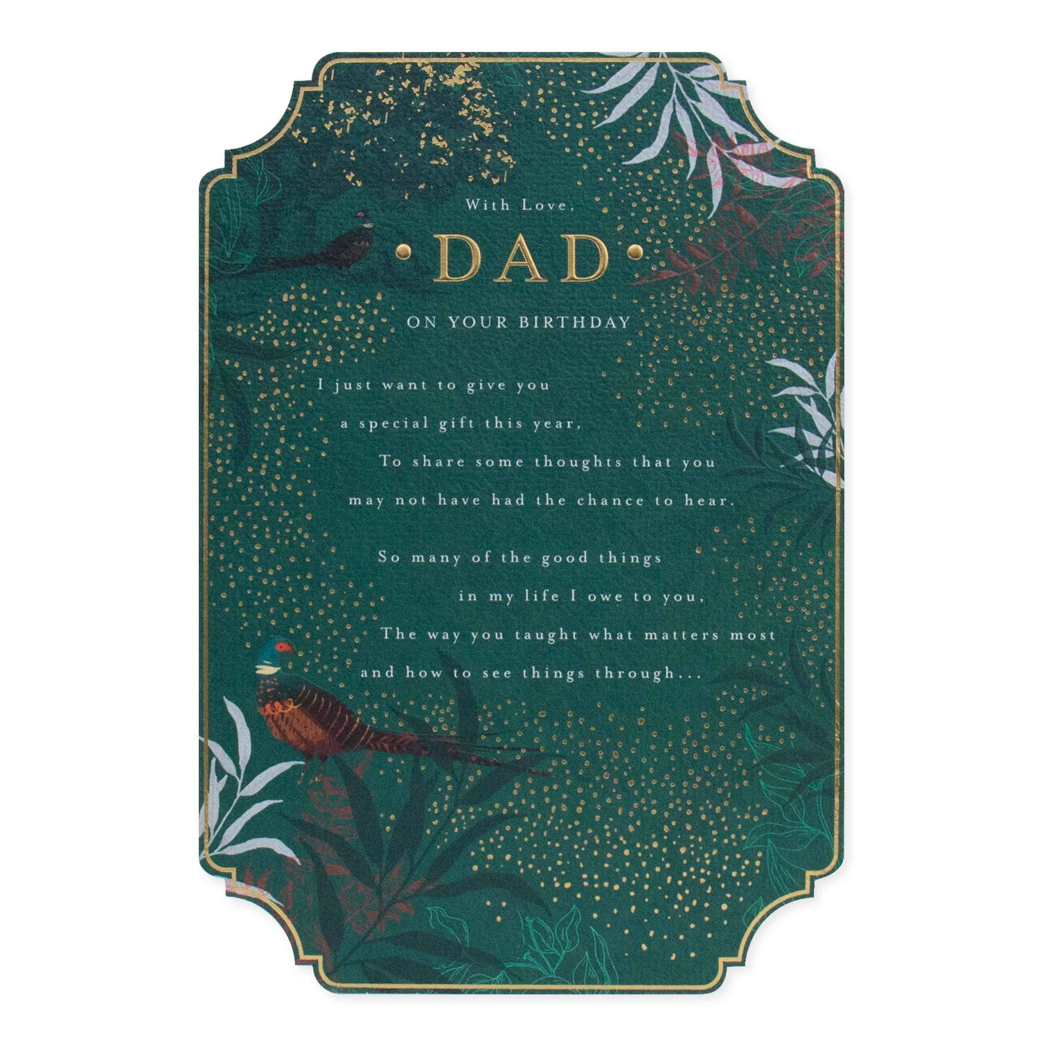 Celebrate your Dad with this stunning card from Hallmark featuring gold foil accents, textured stock, and vibrant foliage design.