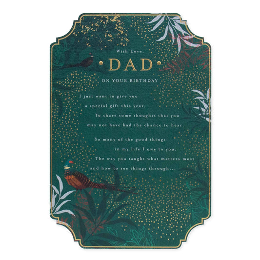 Celebrate your Dad with this stunning card from Hallmark featuring gold foil accents, textured stock, and vibrant foliage design.