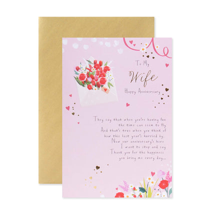 Hallmark Wife Anniversary Card - To My Wife Happy Anniversary with gold foil details and floral design, flat lay on a white background.