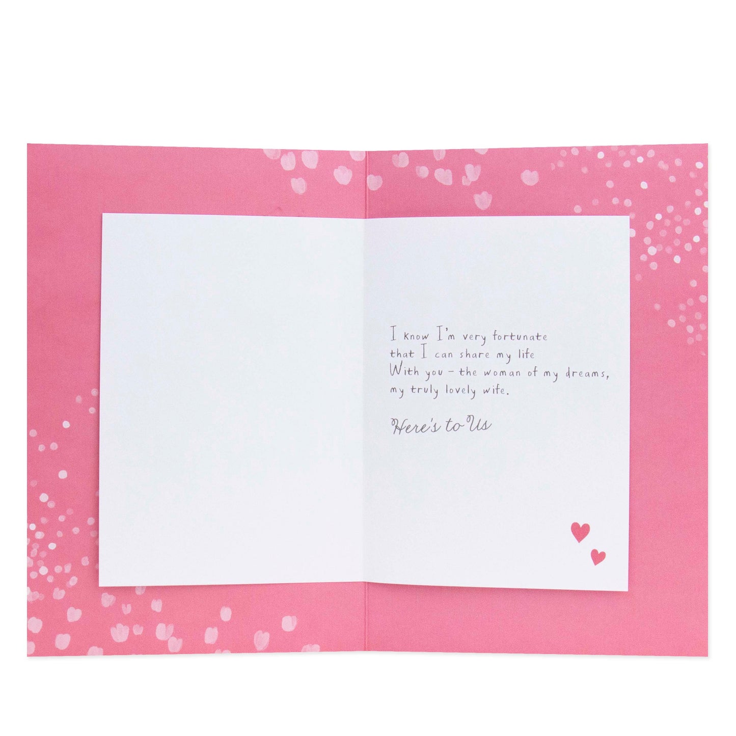 Hallmark Wife Anniversary Card - To My Wife Happy Anniversary, open view showcasing pink interior with heartfelt message and decorative hearts.