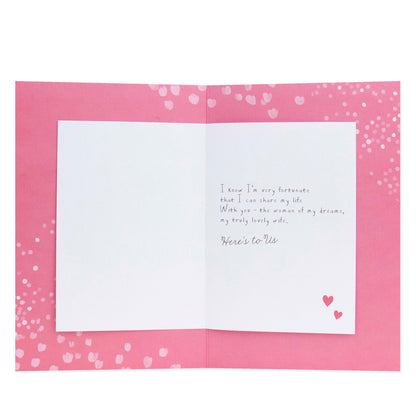 Hallmark Wife Anniversary Card - To My Wife Happy Anniversary, open view showcasing pink interior with heartfelt message and decorative hearts.