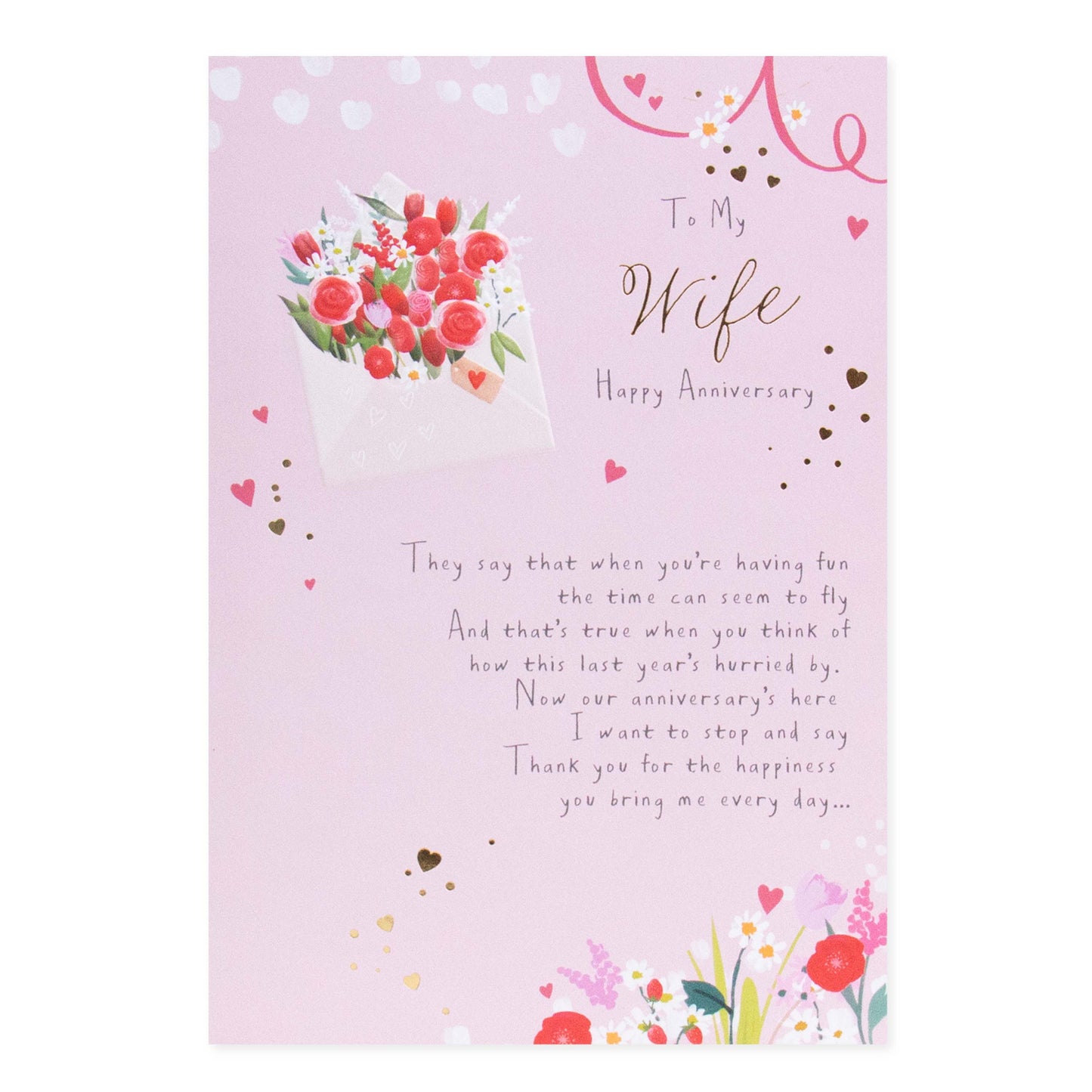 Hallmark Wife Anniversary Card - To My Wife Happy Anniversary featuring pastel pink design, floral illustration, and heartfelt message.