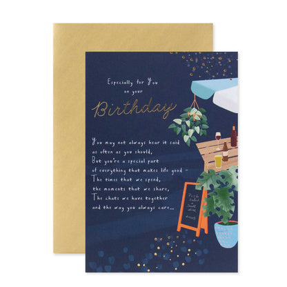 Hallmark Birthday Card - Especially for you on your Birthday with gold foil accents and illustrated beer garden design.