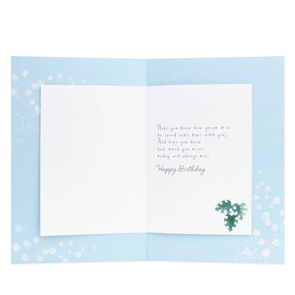 Hallmark Birthday Card - Especially for you on your Birthday, open view, featuring light blue background and handwritten birthday message.