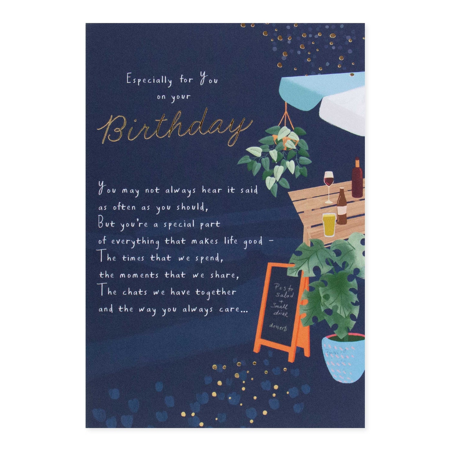 Hallmark birthday card - Especially for you on your Birthday with beer garden design and gold foil detailing, flat lay view.