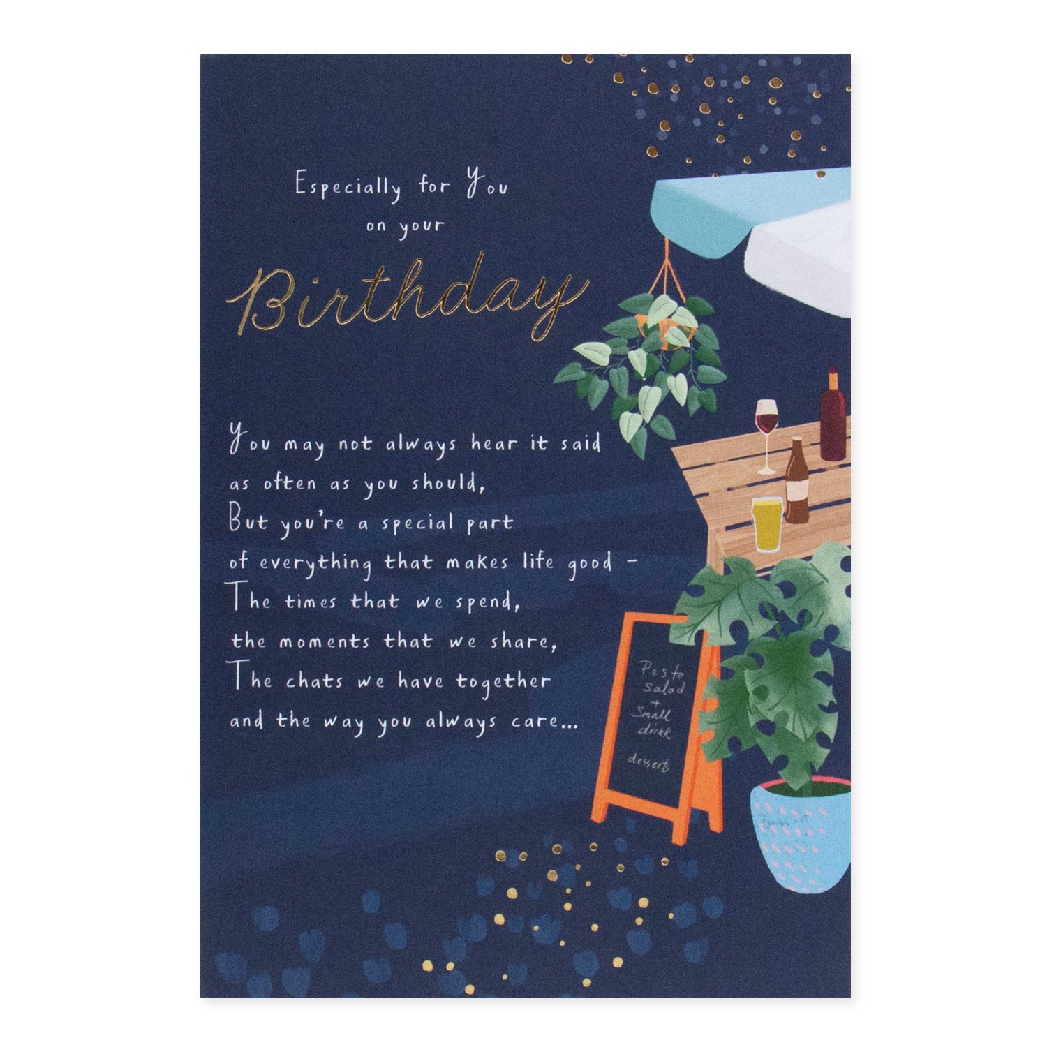 Hallmark birthday card - Especially for you on your Birthday with beer garden design and gold foil detailing, flat lay view.