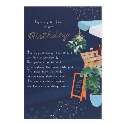 Hallmark birthday card - Especially for you on your Birthday with beer garden design and gold foil detailing, flat lay view.