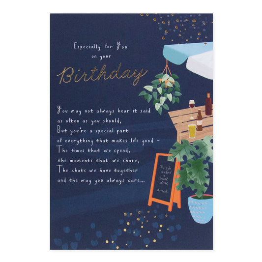 Hallmark birthday card - Especially for you on your Birthday with beer garden design and gold foil detailing, flat lay view.