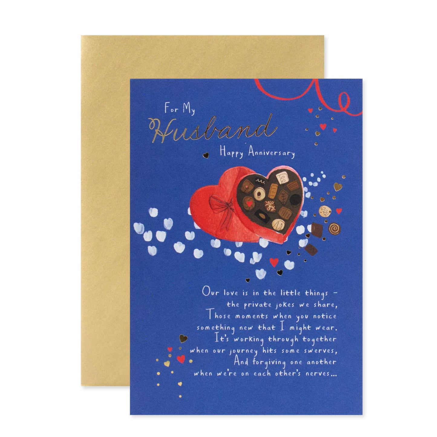 Hallmark Husband Anniversary Card - For my Husband Happy Anniversary featuring gold foil detailing and a chocolate box design, flat lay view.