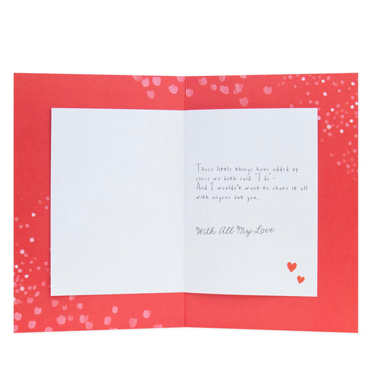 Hallmark Husband Anniversary Card - For my Husband Happy Anniversary featuring a red interior with heartfelt message and decorative hearts.