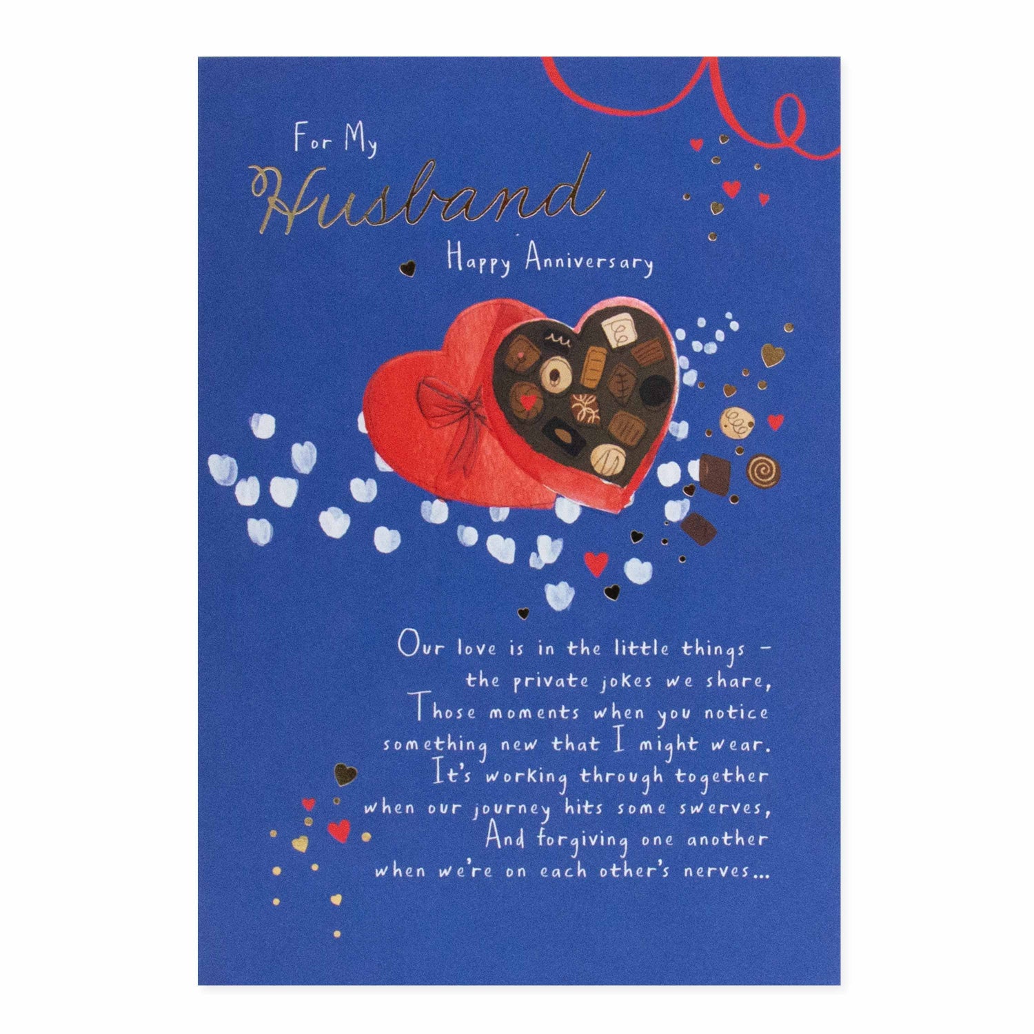 Hallmark Husband Anniversary Card - For my Husband Happy Anniversary, featuring a chocolate box design, gold foil detailing, and a heartfelt message.