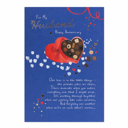 Hallmark Husband Anniversary Card - For my Husband Happy Anniversary, featuring a chocolate box design, gold foil detailing, and a heartfelt message.