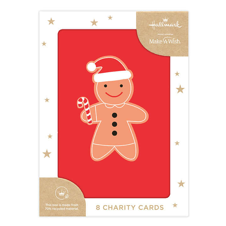 Hallmark Boxed Christmas Cards 8 Pack - Festive Gingerbread with red cover featuring a gingerbread man in a Santa hat, charity cards.