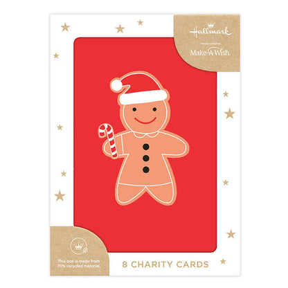 Hallmark Boxed Christmas Cards 8 Pack - Festive Gingerbread with red cover featuring a gingerbread man in a Santa hat, charity cards.