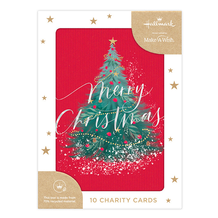 Hallmark Boxed Christmas Cards 10 Pack - Wonderful New Year featuring a red card with a decorated Christmas tree and handwritten 'Merry Christmas' text.