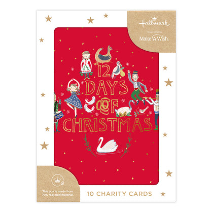 Hallmark Boxed Christmas Cards 10 Pack - 12 Days of Christmas featuring illustrations and gold accents on a vibrant red background.