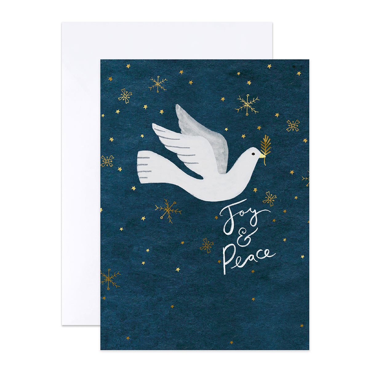 Hallmark Boxed Christmas Cards 10 Pack - Joy & Peace featuring a dove illustration, gold foil highlights on a dark background, flat lay.