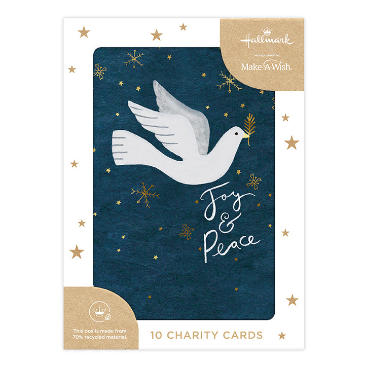 Hallmark Boxed Christmas Cards 10 Pack - Joy & Peace featuring dove illustration and gold foil details on a dark blue background.