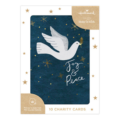 Hallmark Boxed Christmas Cards 10 Pack - Joy & Peace featuring dove illustration and gold foil details on a dark blue background.