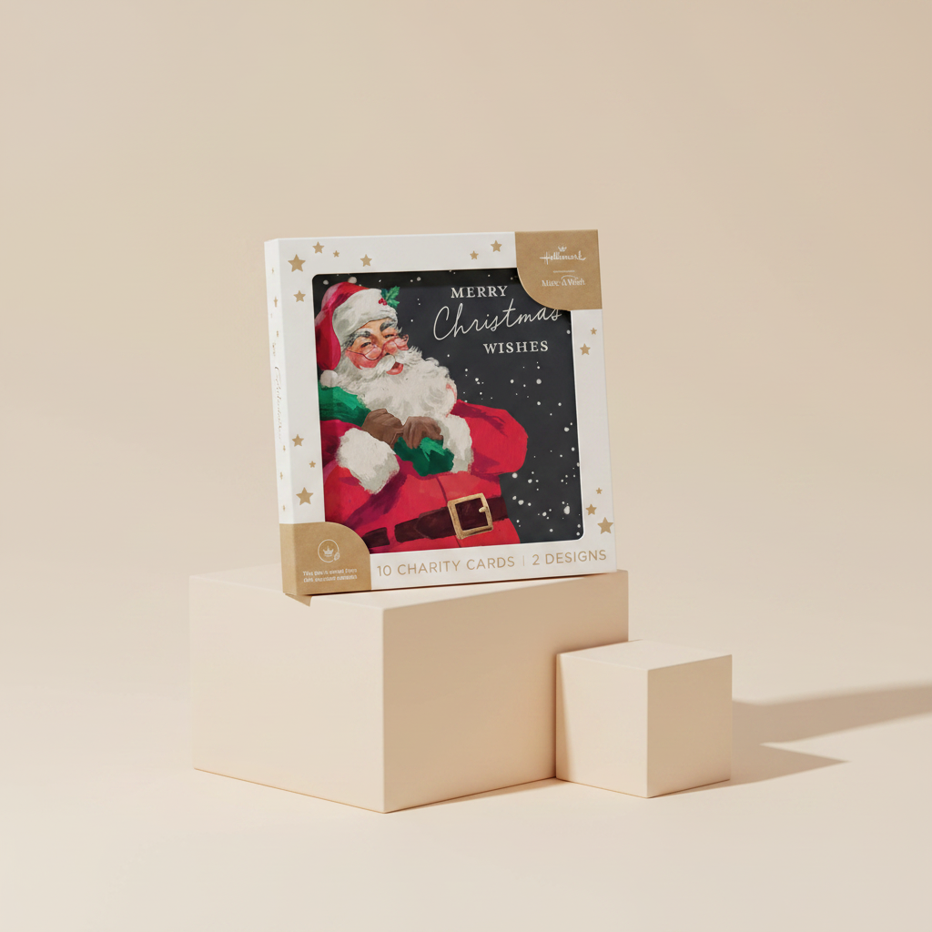Hallmark Boxed Christmas Cards 10 Pack - Wonderful Moments displayed on pedestals featuring Santa Claus in a festive design.