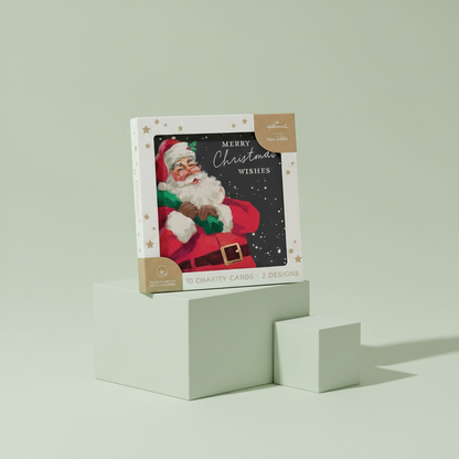 Hallmark Boxed Christmas Cards 10 Pack - Wonderful Moments with Santa Claus illustration, displayed on a soft green background.
