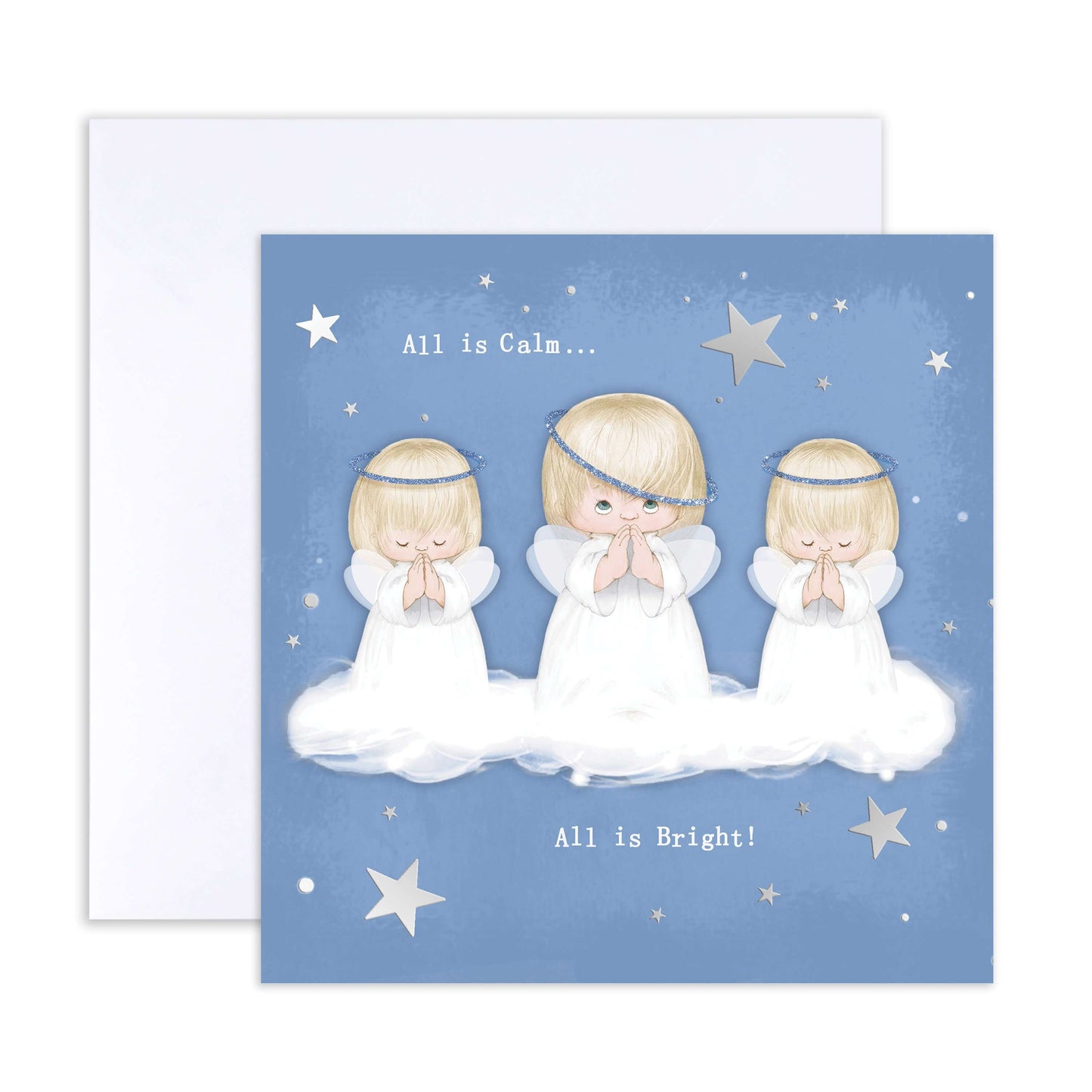 Hallmark Boxed Christmas Cards 10 Pack - Little Angels featuring three praying angels on a blue background with silver foil accents.