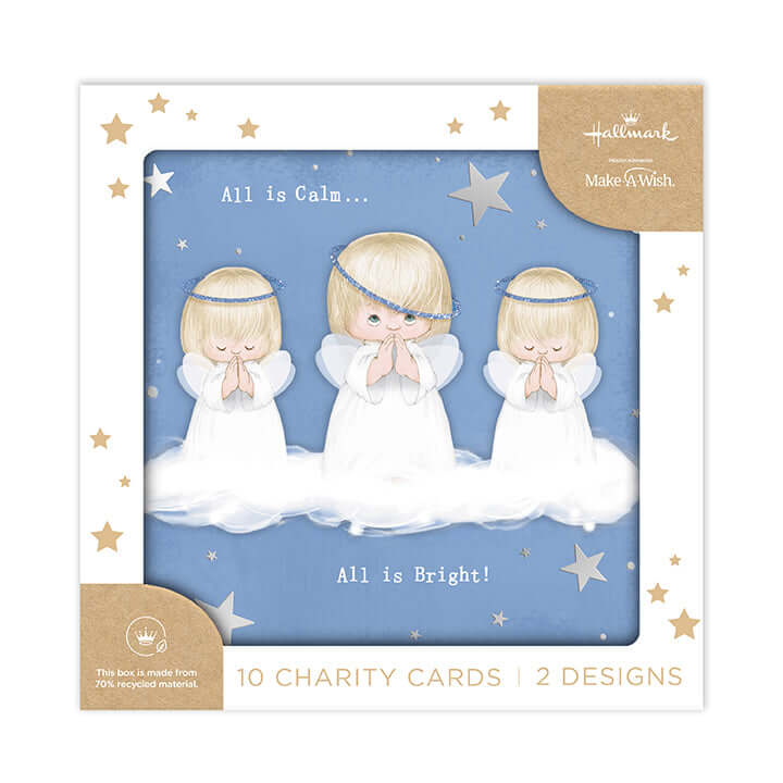 Hallmark Boxed Christmas Cards 10 Pack - Little Angels featuring three praying angels on a blue background with stars and foil accents.
