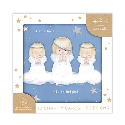 Hallmark Boxed Christmas Cards 10 Pack - Little Angels featuring three praying angels on a blue background with stars and foil accents.