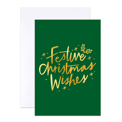 Hallmark Boxed Christmas Cards 10 Pack - Festive Christmas Wishes design featuring gold foil text on green background with holly details