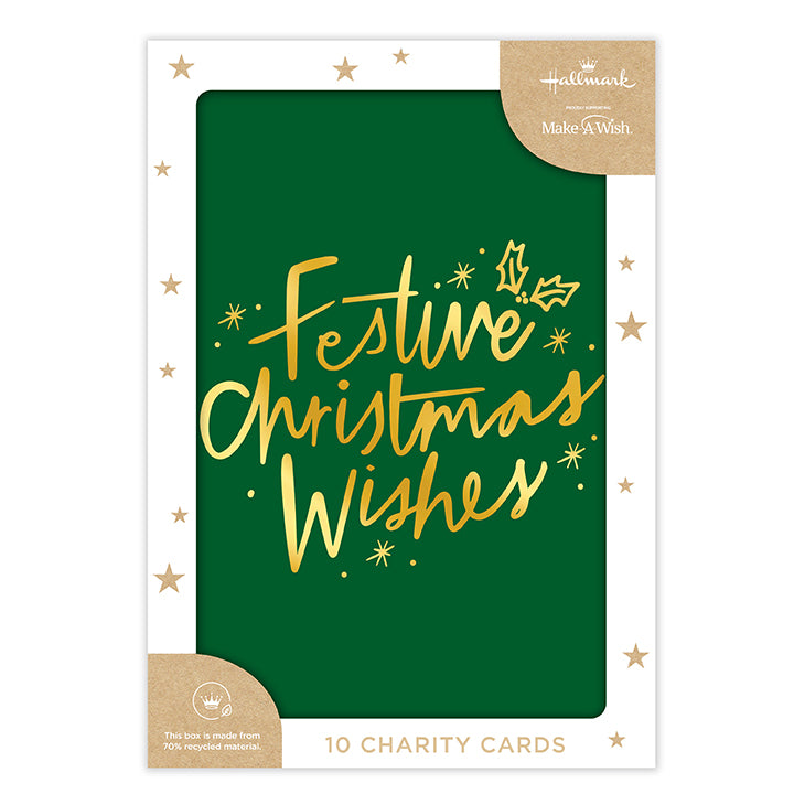 Hallmark Boxed Christmas Cards 10 Pack - Festive Christmas Wishes featuring gold foil text on a green background with holly illustrations.