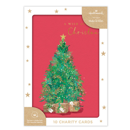 Hallmark Boxed Christmas Cards 10 Pack - Enjoy Every Moment, featuring a Christmas tree illustration with gold foil, charity card packaging.