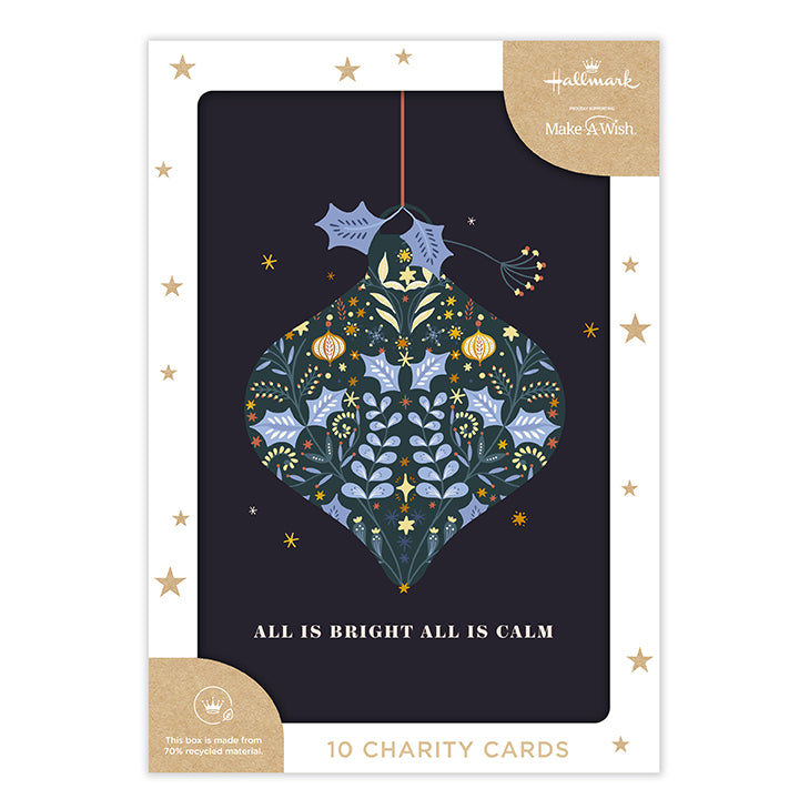 Hallmark Boxed Christmas Cards 10 Pack - Seasons Greetings featuring a Christmas bauble design with intricate floral details and gold foil highlights.