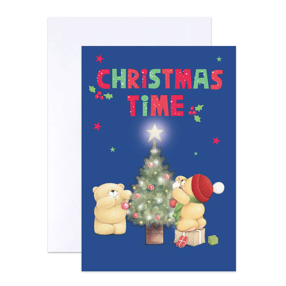 Hallmark Boxed Christmas Cards 10 Pack - Forever Friends featuring bears decorating a Christmas tree with vibrant colours and embossed details.