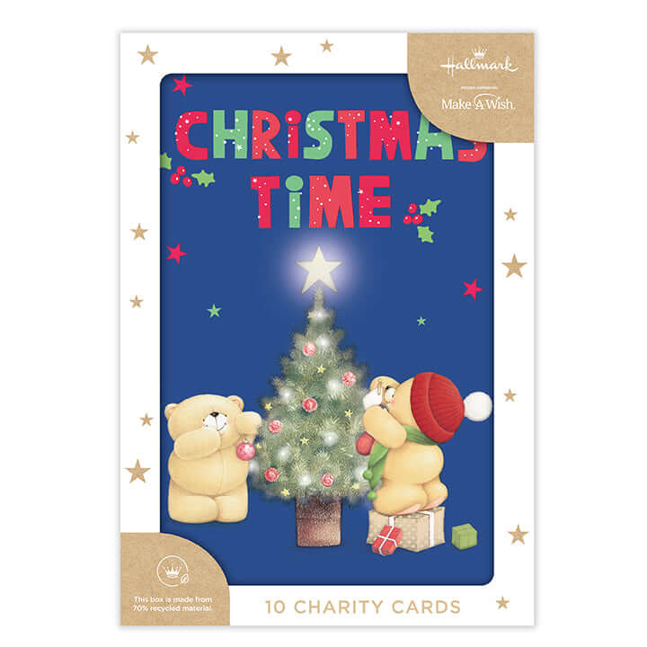 Hallmark Boxed Christmas Cards 10 Pack - Forever Friends, festive card design featuring bears decorating a tree with embossed details.