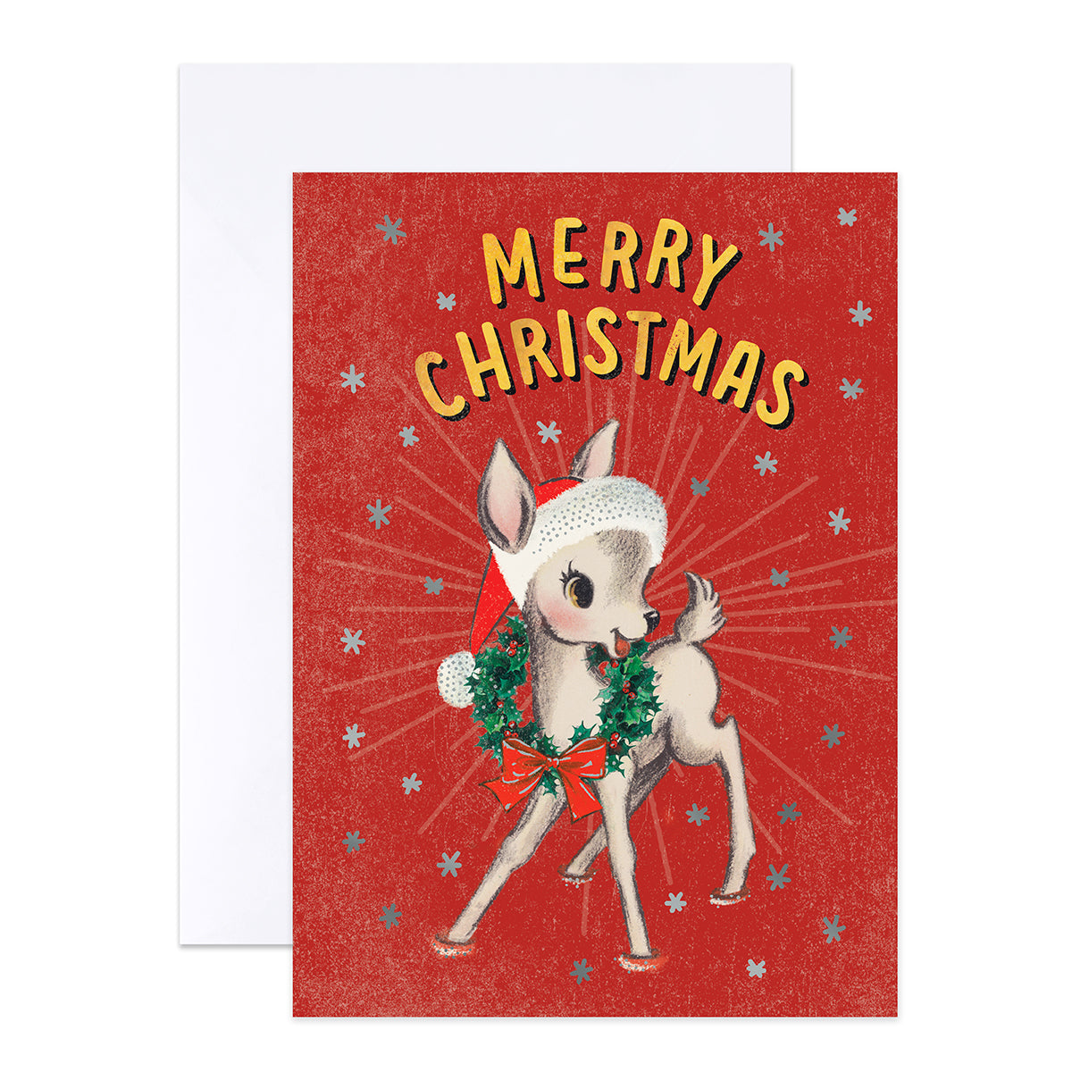 Hallmark Boxed Christmas Cards 20 Pack - Season's Magic featuring a retro Christmas deer illustration with 'Merry Christmas' text on a red background.
