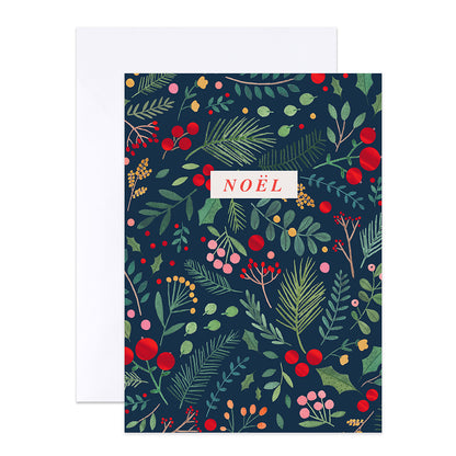 Hallmark Boxed Christmas Cards 20 Pack - Christmas Wishes featuring a floral design with red berries and the word ‘Noël’, flat lay view.