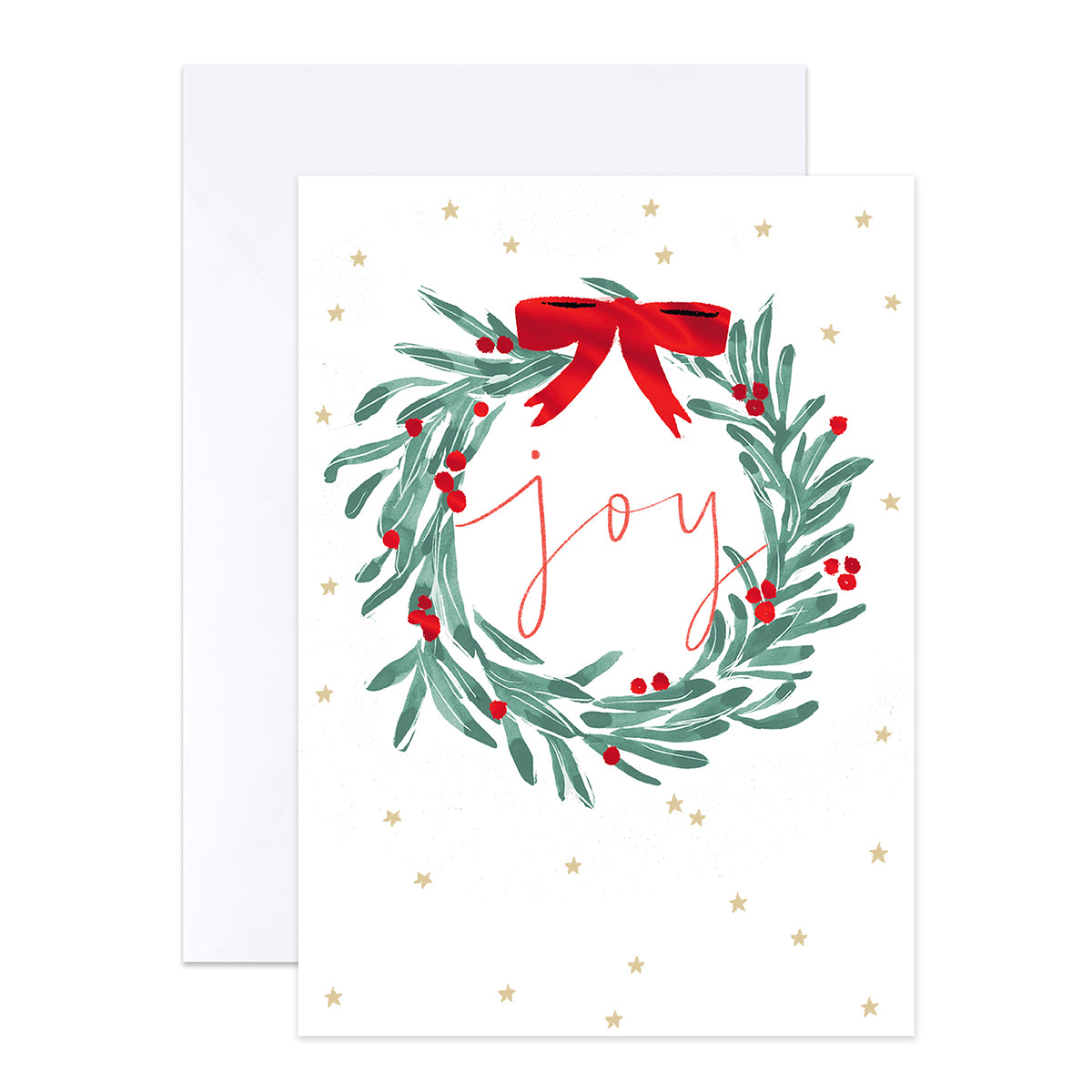 Hallmark Boxed Christmas Cards 20 Pack - Christmas Wishes featuring a wreath design with a red bow and handwritten 'joy' text on a white background.