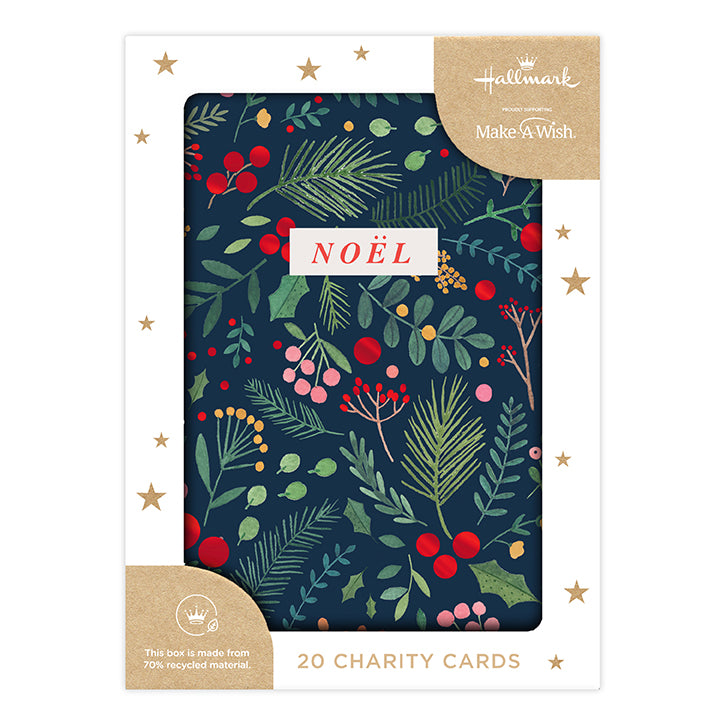 Hallmark Boxed Christmas Cards 20 Pack - Christmas Wishes, featuring a dark floral design with red berries and the text ‘Noël’ on the cover.